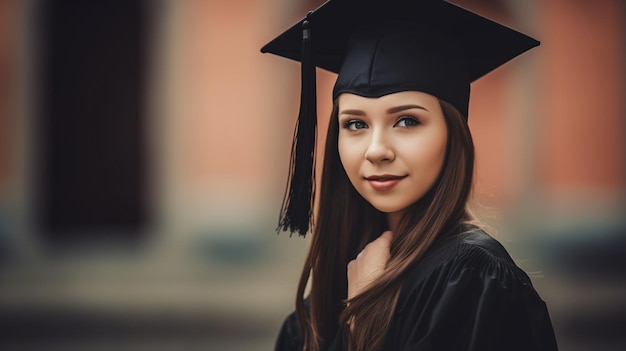 A girl in a graduation cap and gown stands in front of a brick wall