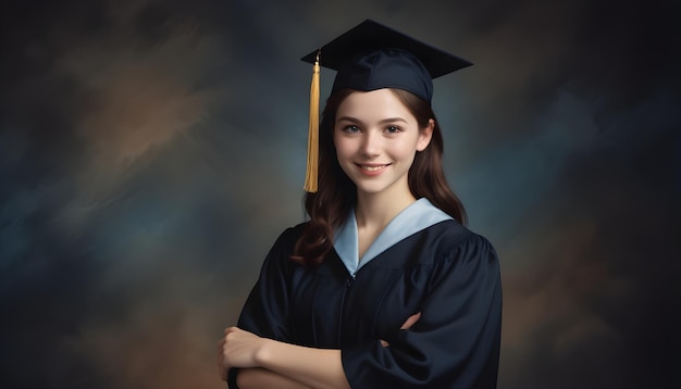 Foto una ragazza con un cappello e un abito da laurea sta con le braccia incrociate