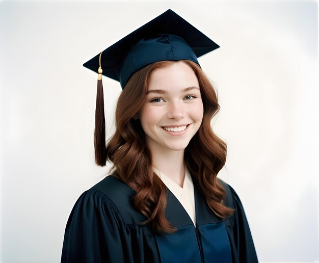 Foto una ragazza con un berretto di laurea sorride con un diploma dietro di lei