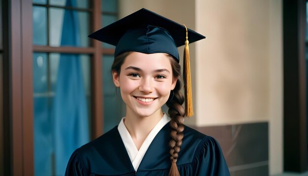 Foto una ragazza con un berretto di laurea sorride con un sorriso sul viso