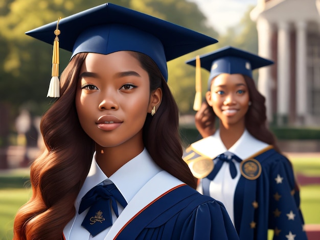 A girl in a graduation gown and cap in front of a girl