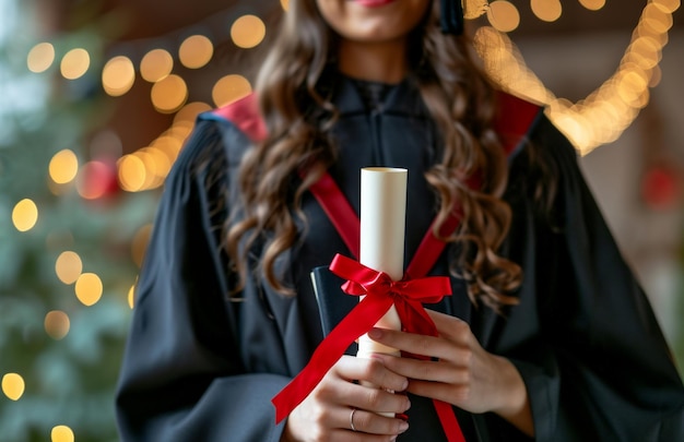 Foto una ragazza in abito da laurea sta tenendo un diploma