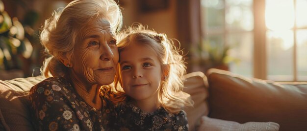 写真 おばあちゃんとソファーを愛する女の子学校の休暇で一緒に過ごす時間おばあちゃんの子供