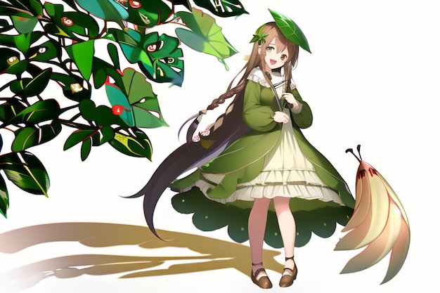 A girl in a green dress and a bird