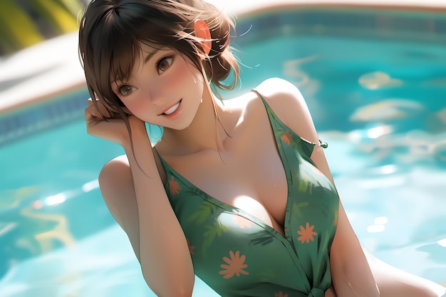 A girl in a green dress is posing in front of a pool