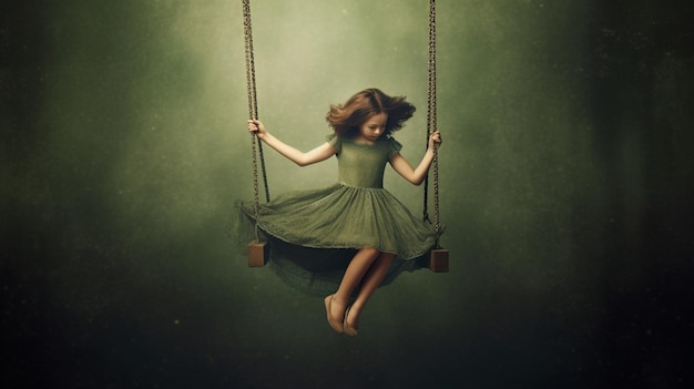 A girl in a green dress is swinging on a swing.