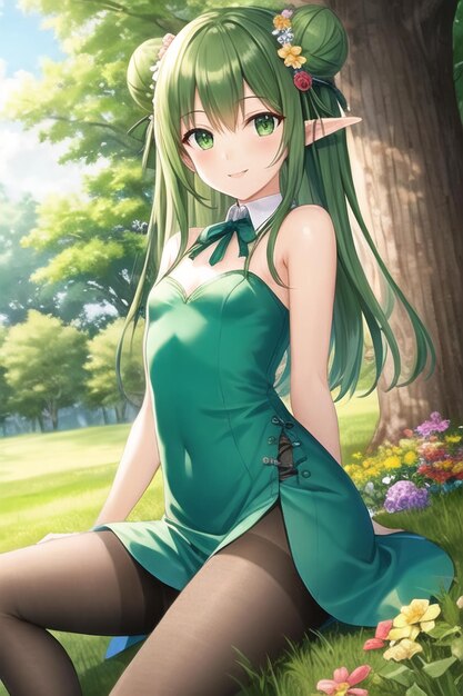 A girl in a green dress sits in a field of flowers.