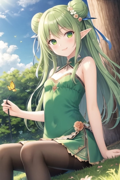 A girl in a green dress sits on a tree trunk and holds a stick with the word fire on it.