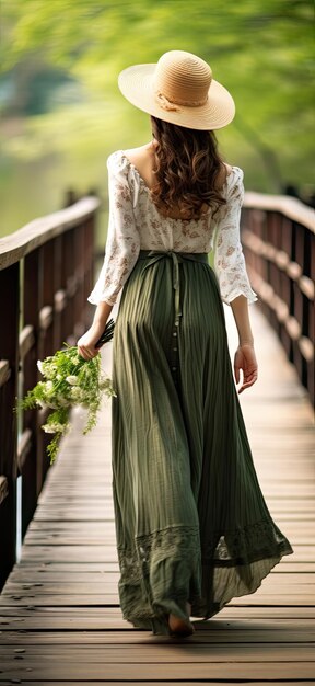 Girl in green dress walking on a bridge