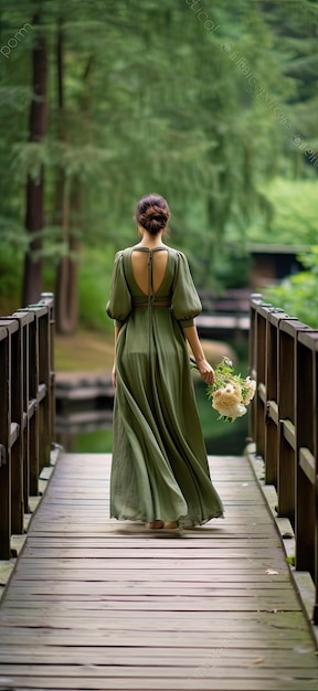 Girl in green dress walking on a bridge