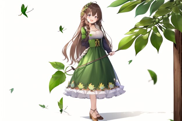 A girl in a green dress with a magic wand