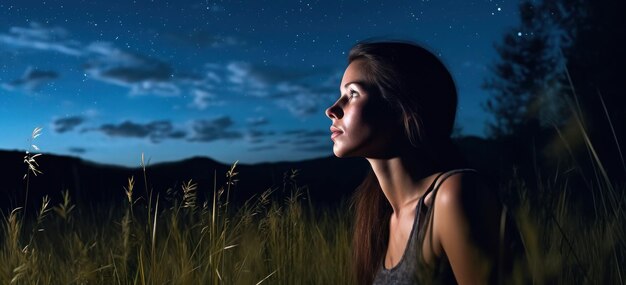 Girl in green grass under the night sky and stars