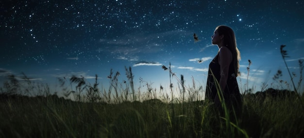 Foto ragazza in erba verde sotto il cielo notturno e le stelle