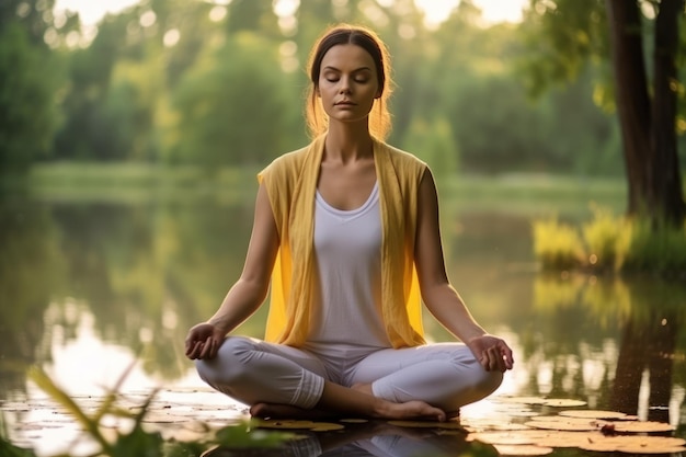 A girl in green is meditating in the grass