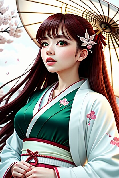 A girl in a green kimono with a flower on her head
