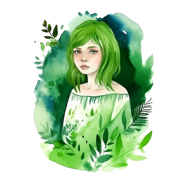 Girl in a green nature watercolor ilustration