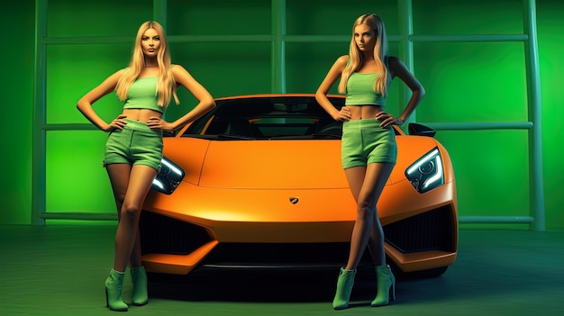 a girl in green outfit stands next to a sports car.