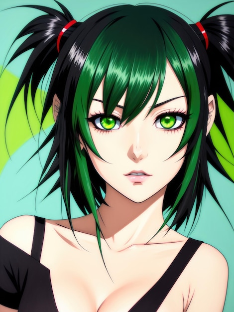 A girl in a green outfit with a green top and black hair