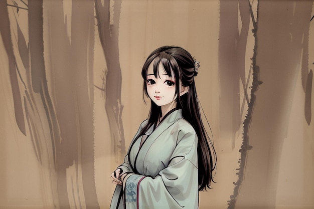 A girl in a green robe stands in front of a forest.