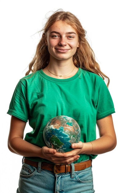 Foto una ragazza con una camicia verde tiene un globo nelle mani