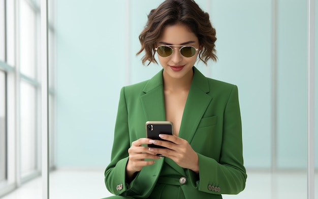 Девушка в зеленом костюме пользуется мобильным телефоном