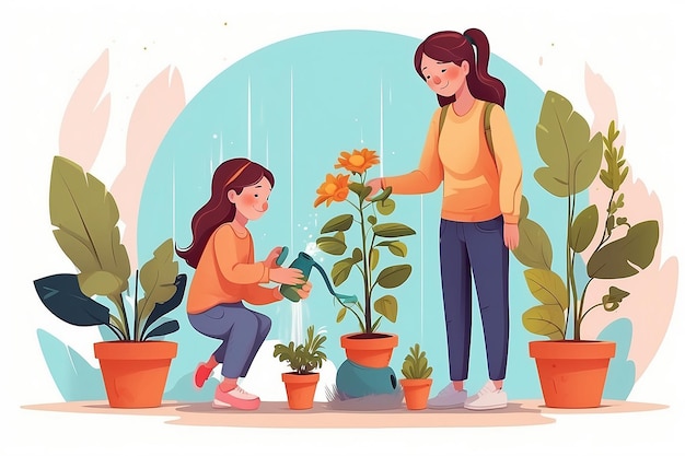 女の子が母のイラストデザインで鉢の植物を育てて水を注ぐ
