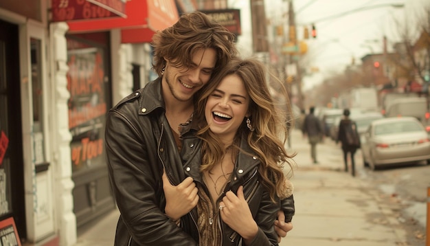 Photo a girl and a guy are hugging on the street