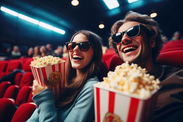 A girl and a guy laugh in a movie while watching a comedy