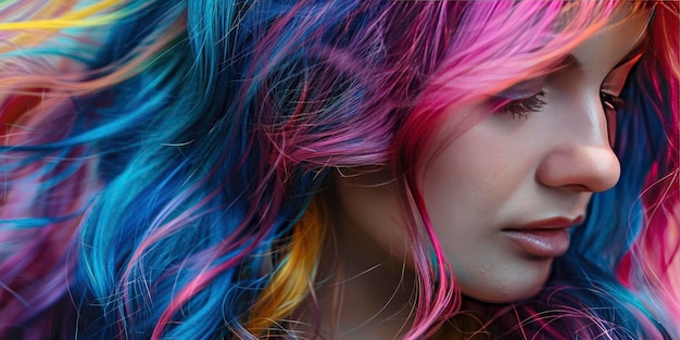 Foto la ragazza ha i capelli lunghi e ondulati con strisce colorate color arcobaleno che la fanno sembrare appena uscita dal mondo degli unicorni