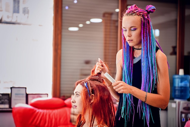 Girl hairdresser weaves to redhead female ginger afro pigtails barber braids dreadlocks hippie and b...