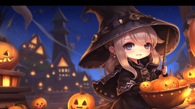 A girl in a halloween costume with a pumpkin on the top