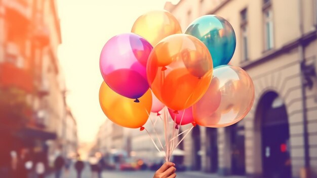 Рука девушки держит разноцветные воздушные шары на улице
