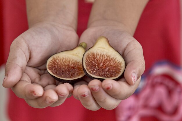 Foto mano della ragazza che tiene un fico affettato