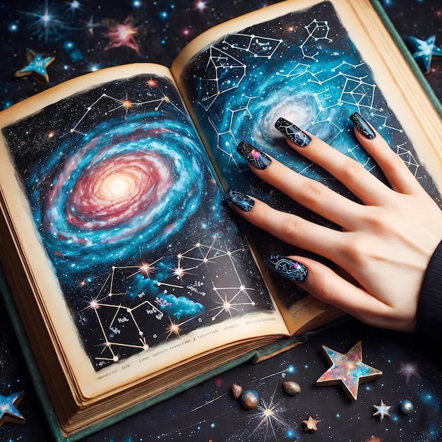 Foto una mano di ragazza con costellazioni dipinte sulle unghie che tiene un libro di astronomia polveroso