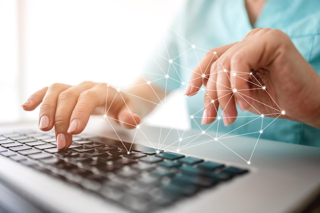 Girl hands and laptop with future 5G technology as symbol of global connection. Gadget with modern wireless network