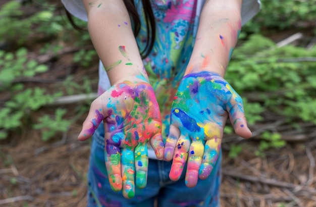 Photo a girl hands painted in various colors creative world art pic
