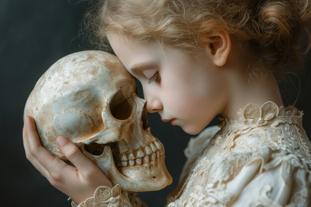 Girl in hands with a skull gothic dark gloomy style theater to be or not to be horror death