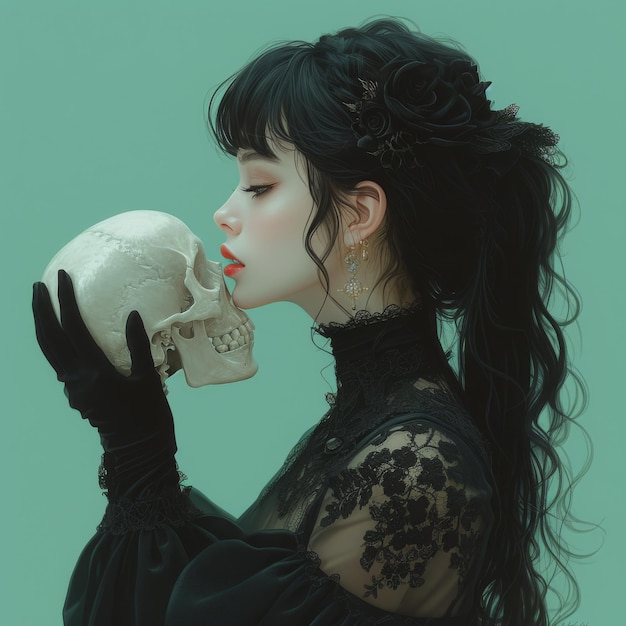 Foto ragazza in mano con un cranio gotico scuro triste stile teatrale per essere o non per essere shakespeare