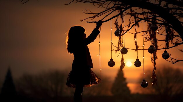 A Girl Hanging Glass Ornaments on a Bare Tree Against a Warm Sky