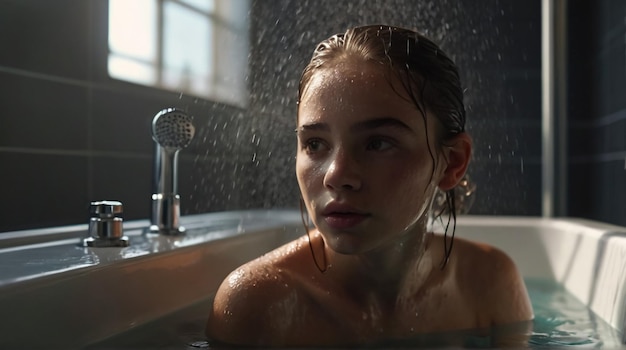 A girl happily taking a shower in a bathtub