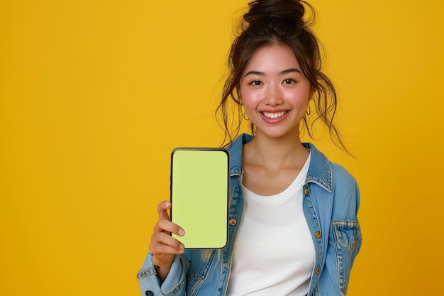 Photo girl happy holding smartphone showing screen mobile advertisement and excited smile