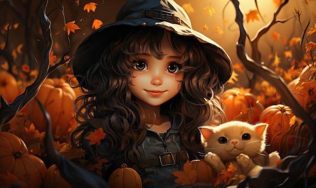 Girl in a hat on the background of Halloween decorations Selective soft focus