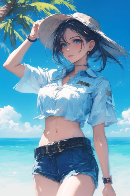 帽子をかぶった女の子が夏にビーチで海辺で休暇を過ごしている アニメスタイル