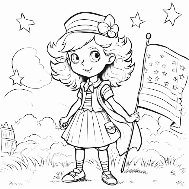 A girl in a hat and dress holding a flag.