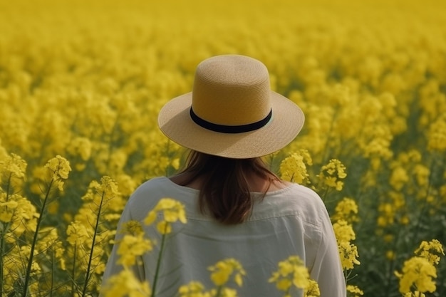 girl in a hat in a field of yellow flowers rear view