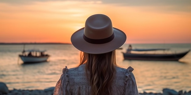 Девушка в шляпе со спины на фоне заката генеративного Ай