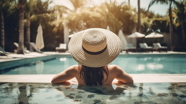 A girl in a hat is relaxing in the pool at the southern resort in the hotel