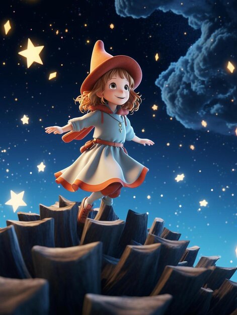 A girl in a hat is standing on a ledge with a star in the sky.