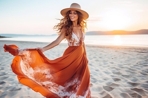 A girl in a hat in a long dress is dancing on the beach