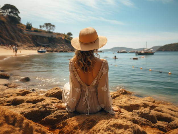 girl in a hat looks at the sea view from the back Generative AI